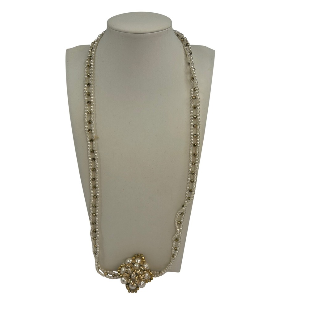 Vintage Faux Pearl Double Strand Necklace Gold Tone Floral Pendant Statement 29"